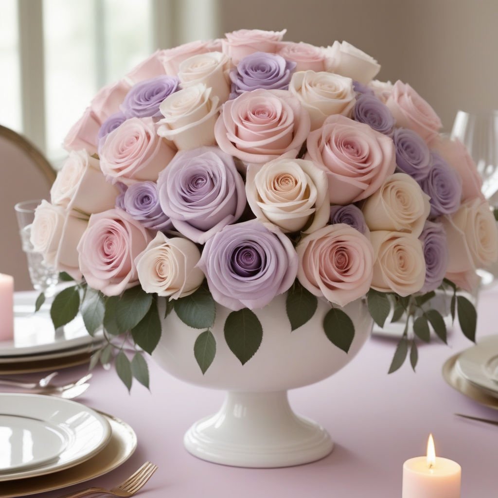 soft pastels such as blush pinks, creamy whites, and lavender 