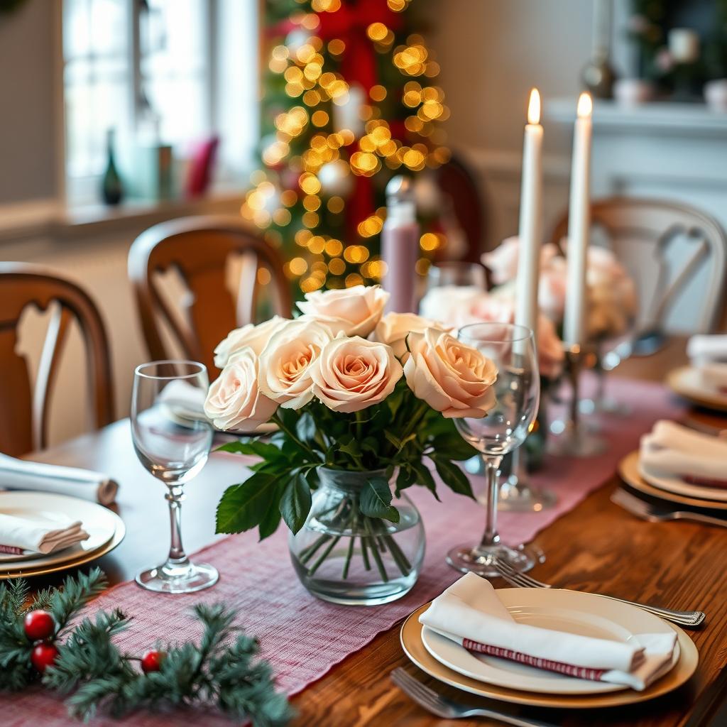 Holiday Table with Rose Arrangements