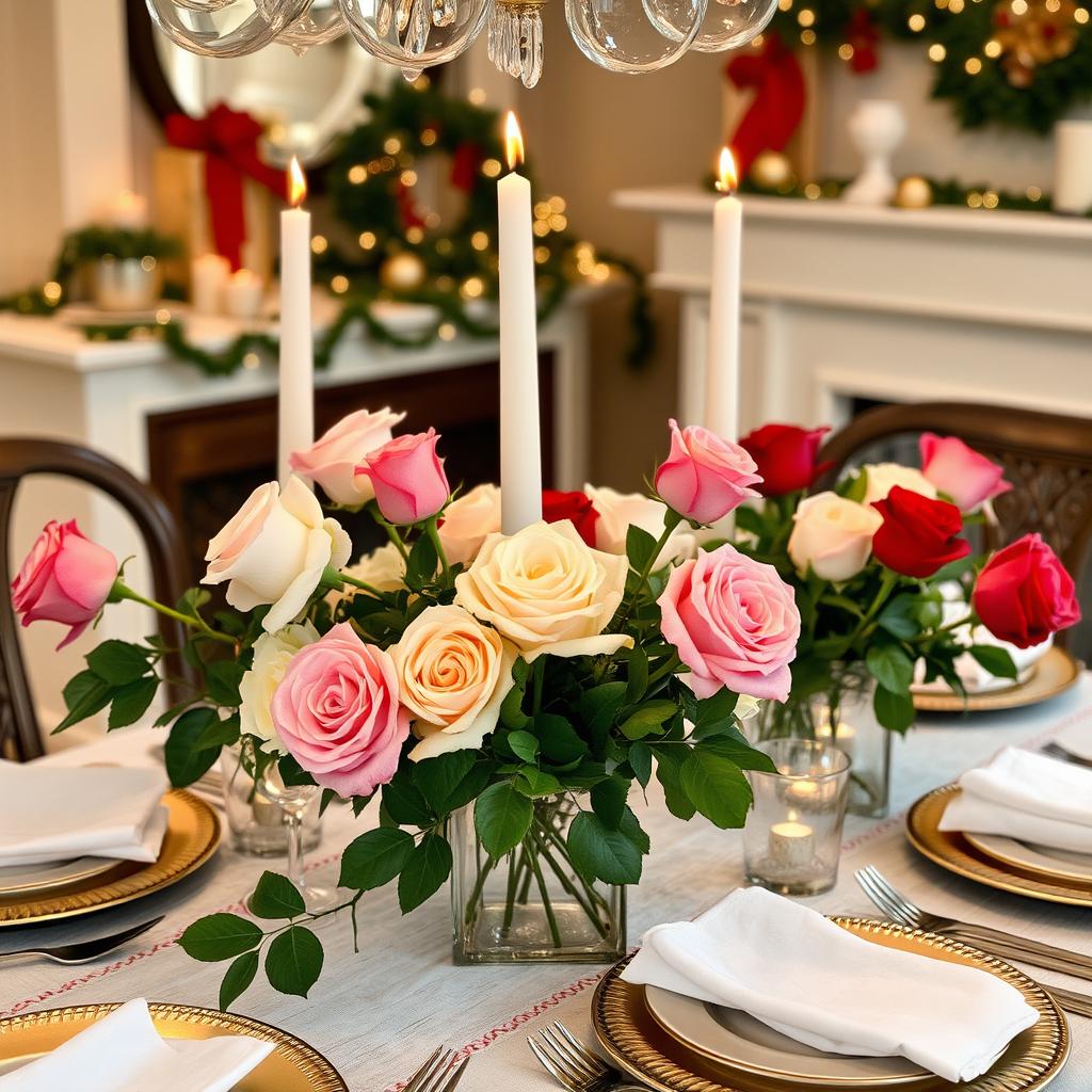 Holiday Table with Rose Arrangements