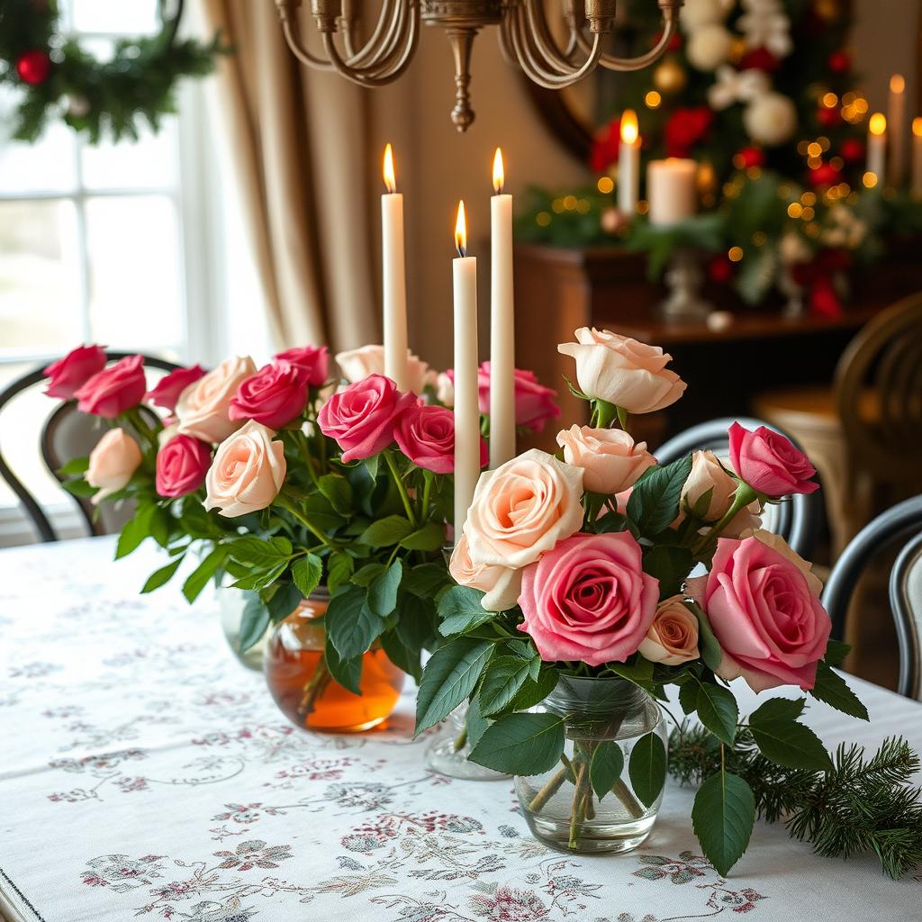 Holiday Table with Rose Arrangements