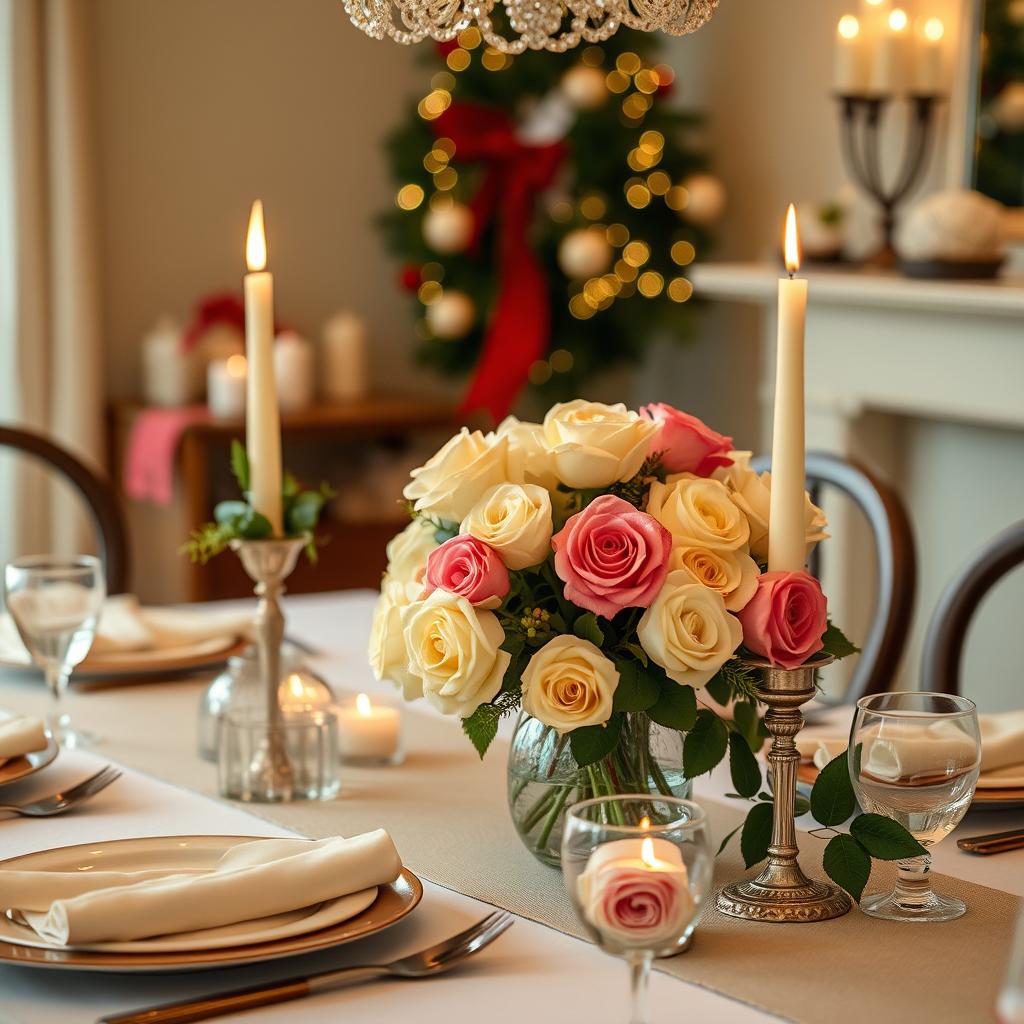 Holiday Table with Rose Arrangements