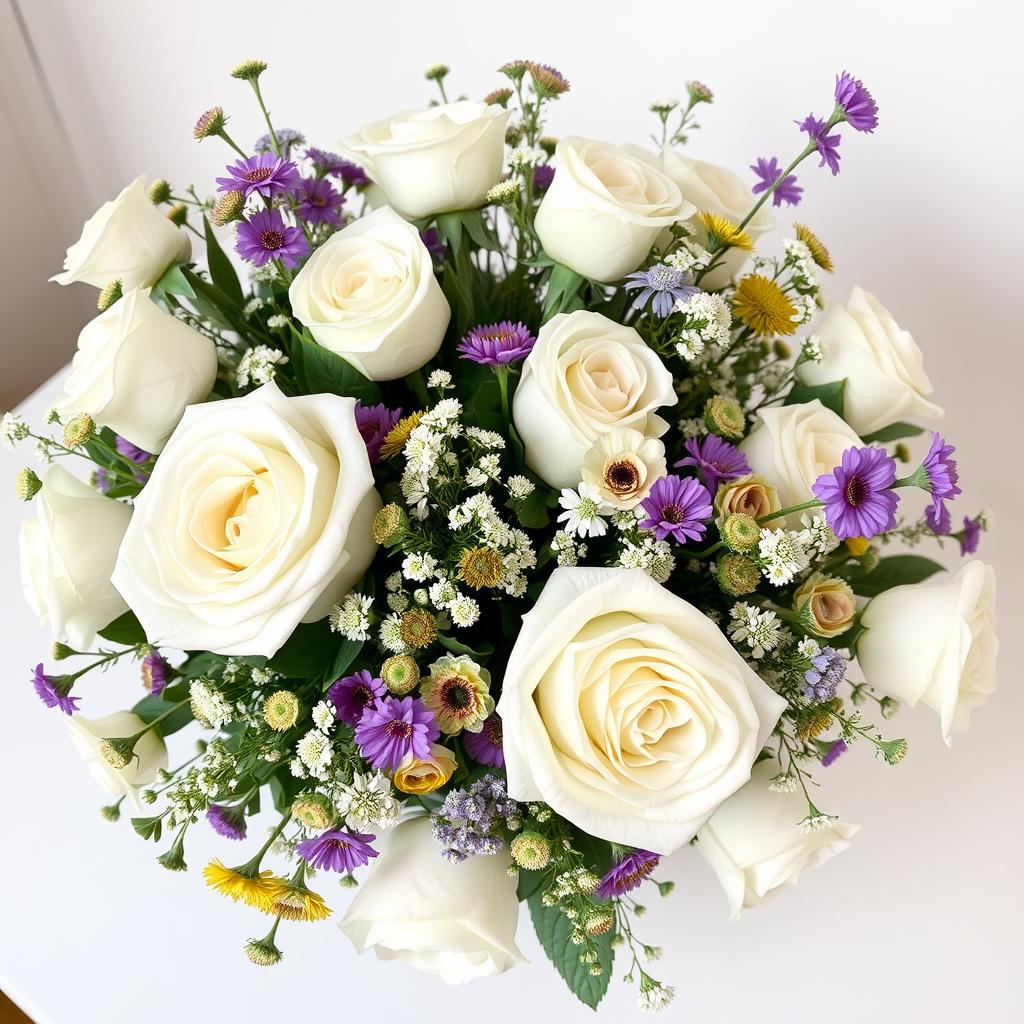 'Akito' white roses    arrangements with  meadow flowers