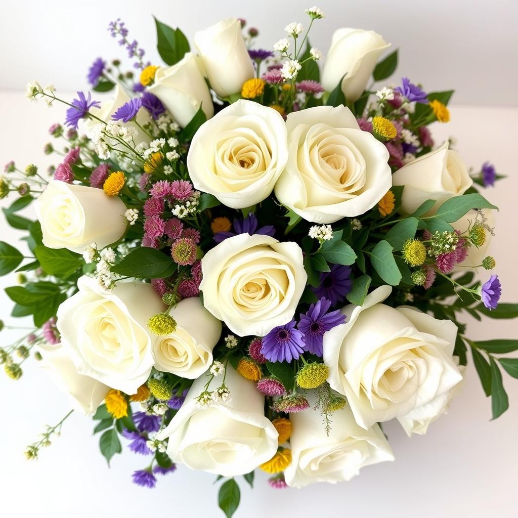 'Akito' white roses    arrangements with  meadow flowers