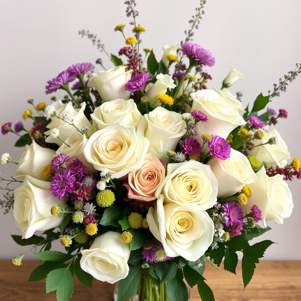 'Avalanche' white roses    arrangements with  meadow flowers