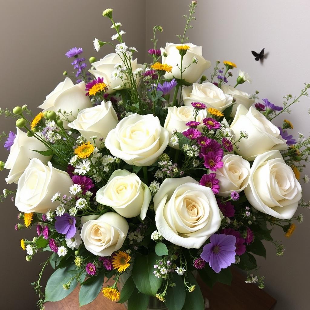 'Patience' white roses    arrangements with  meadow flowers