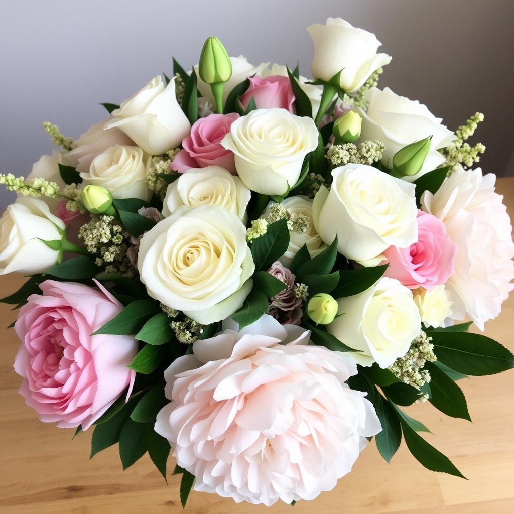 white roses   mixed Arrangements with peonies, lisianthus, or hydrangeas