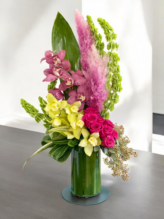 Flying Colors Green and Pink Orchids with Roses