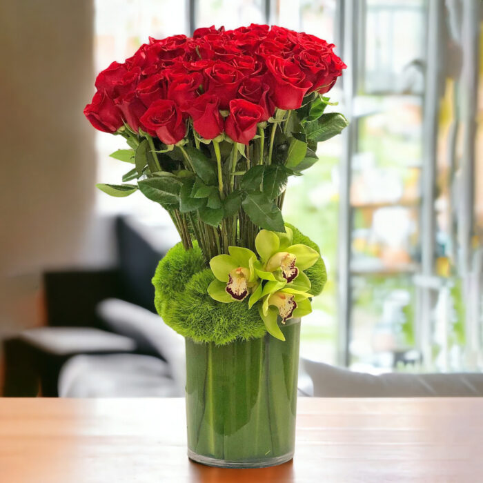 Red Roses and Green Orchids Flower Arrangements