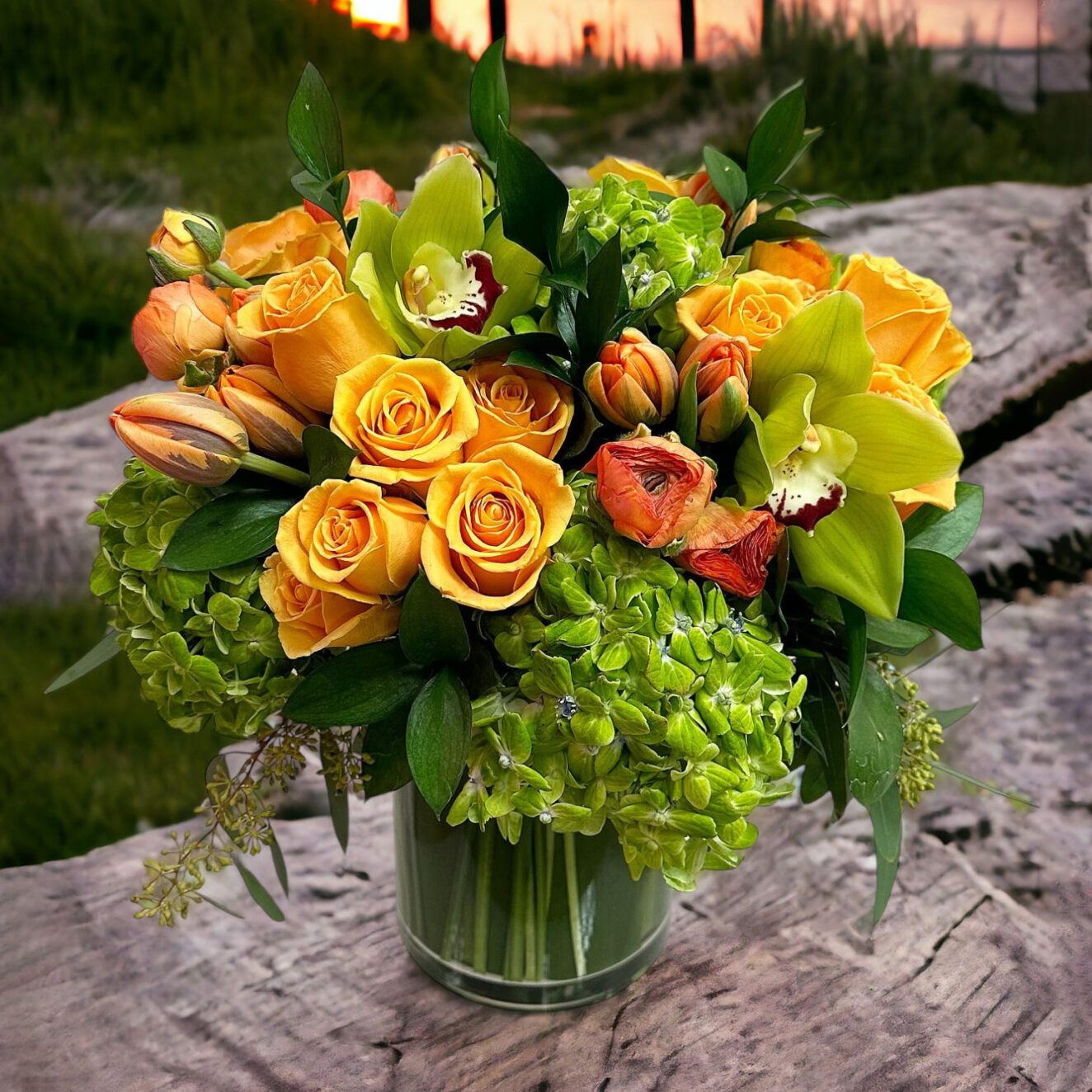 Santarino green and yellow flower arrangement