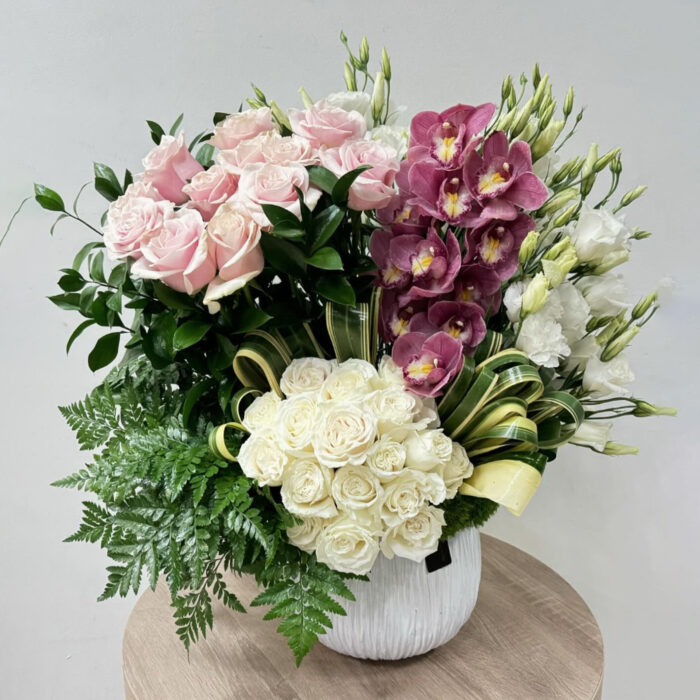 White and Pink Roses with Orchids Flower Arrangement