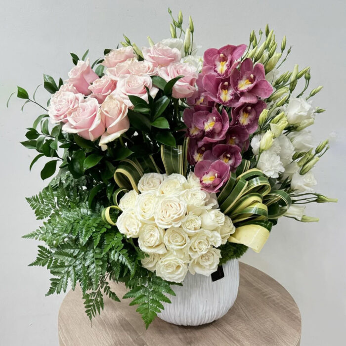 White and Pink Roses with Orchids Flower Arrangement