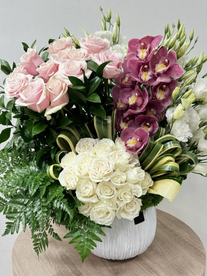 White and Pink Roses with Orchids Flower Arrangement