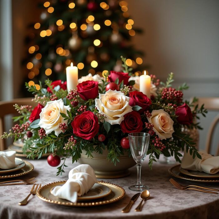 Winter Wishes Christmas flower arrangement of red and white roses