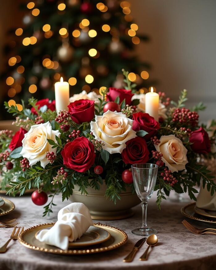 Winter Wishes Christmas flower arrangement of red and white roses