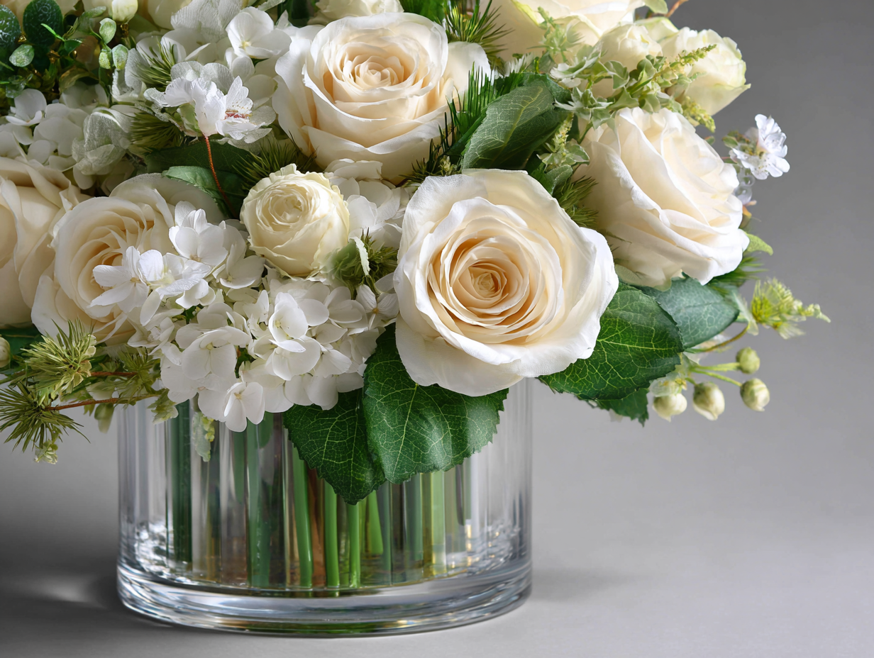 roses and hydrangeas arrangement in clear pot